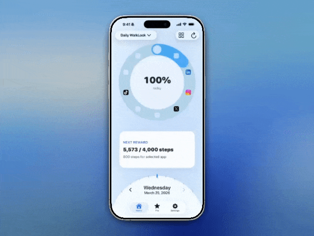 WalkLock flow: lock apps, walk, unlock
